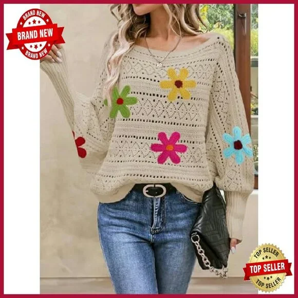 Oversized Off Shoulder Knit Sweater Batwing Sleeve Crochet Pullover - Picture 6 of 8